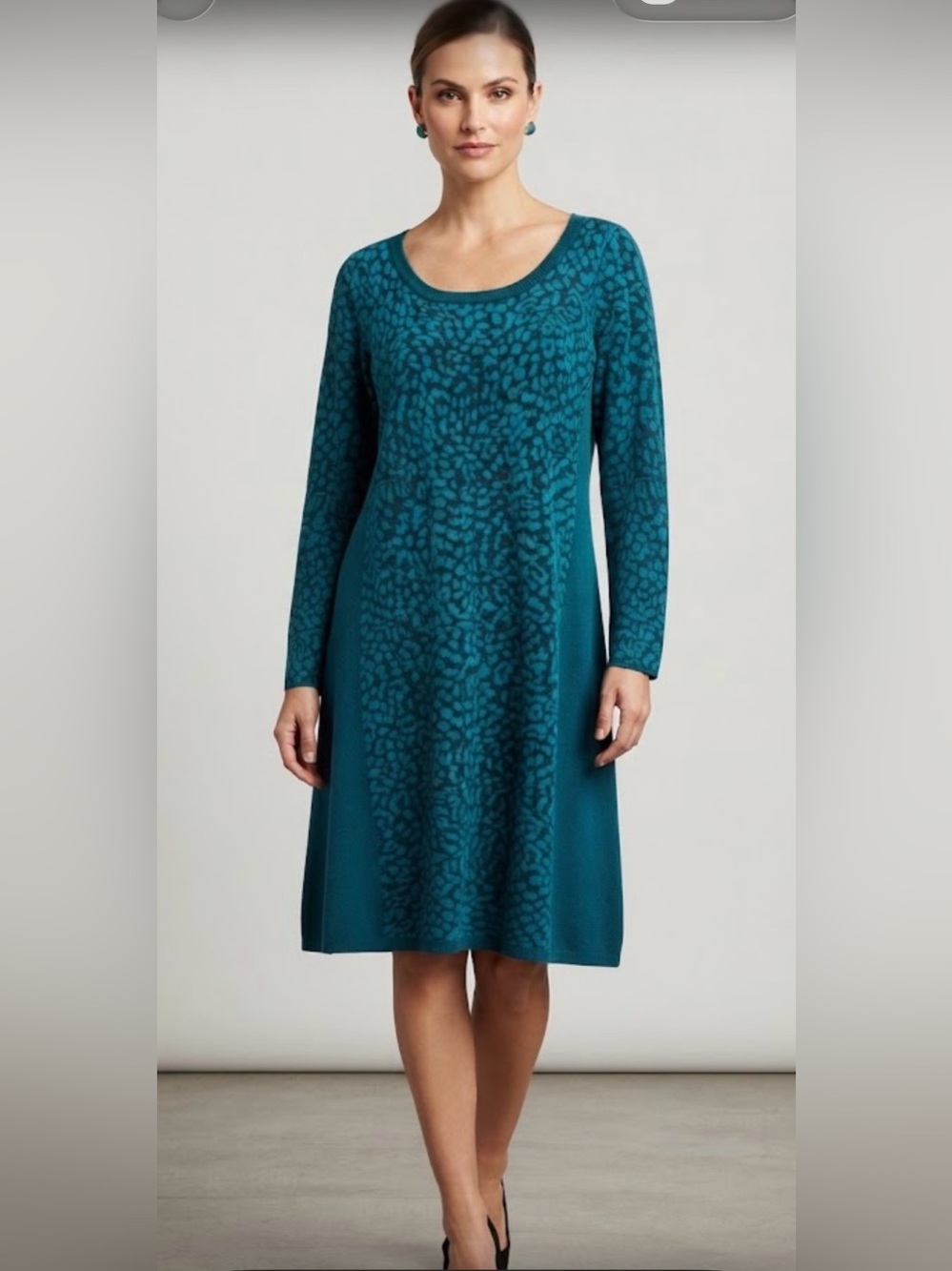 Isaac Mizrahi Teal Patterned Long Sleeve sweater Dress